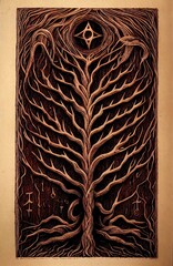 evil biblical, necronomicon, ancient texts, tree beard, cursed, runes, highly detailed borders, wood burn etching, viscious red fluid, a sense of depth