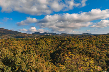 A wonderful landscape with a forest in front of a cloudy blue sky on a sunny day. Autumn mountain landscape on a sunny day. Autumn landscape in warm colors under a blue sky.