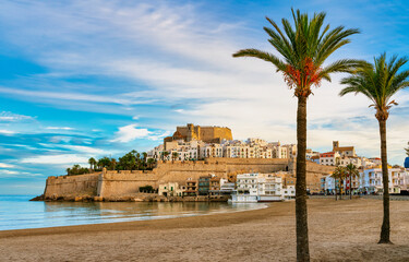 Panorama of Peniscola in Castellon, Spain - Papa Luna castle and mediaval village - Travel...