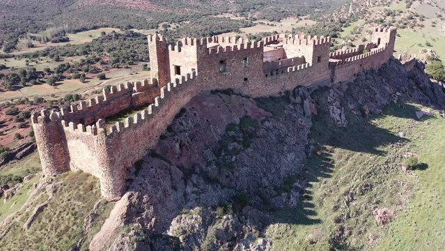Aerial photo of Castle of Riba de Santiuste. Remains of medieval fortress in Spain.