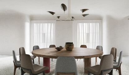 Large modern style of dining room , wooden and marble material , daylight from window.3D illustration