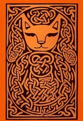 the cutest orange cat is a viking in the style of an archaic european woodcut print, ornate celtic knotwork borders