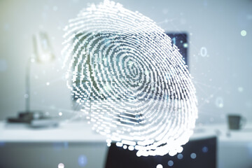 Abstract creative fingerprint concept on modern laptop background. Multiexposure