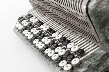 vintage musical accordion, on an isolated white background