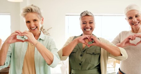 Heart, love and senior hands in portrait retirement affection, loving and pension for women support community. Happy group of people or mature friends care hand sign together for wellness lifestyle