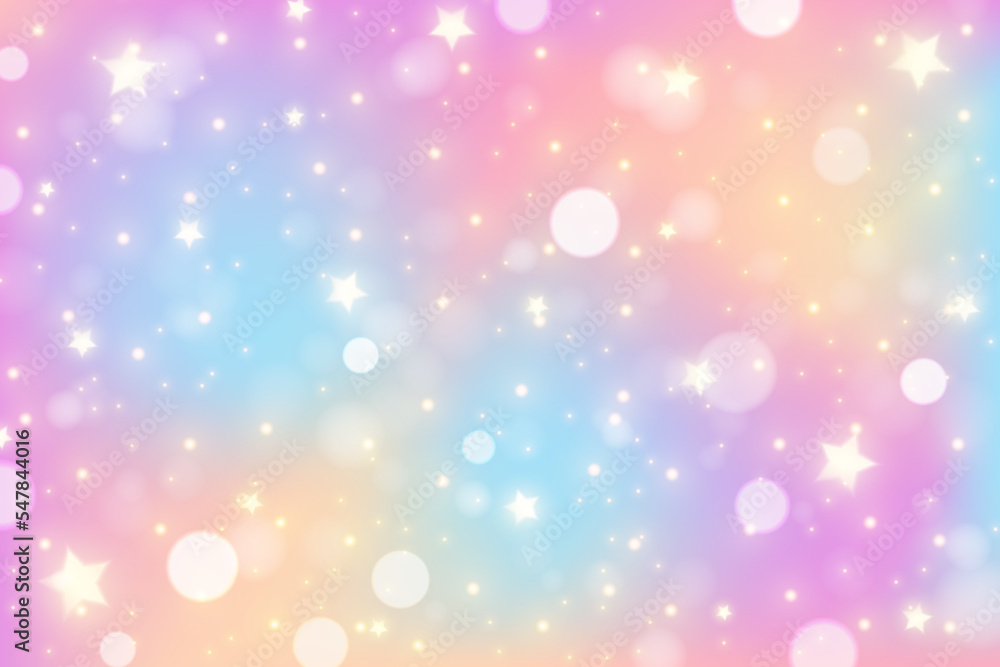 Poster rainbow unicorn background. pastel gradient color sky with glitter stars and bokeh. magic galaxy spa