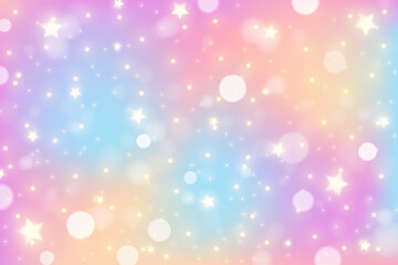 Obraz premium Rainbow unicorn background. Pastel gradient color sky with glitter stars and bokeh. Magic galaxy space. Vector fairy abstract pattern.