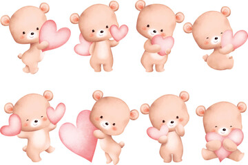 Watercolor Illustration set of cute teddy bear holding pink heart