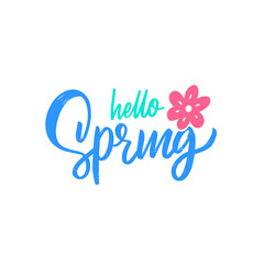 Hello Spring hand drawn colored lettering greeting card phrase.