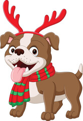 Cartoon bulldog wearing antlers and scarf