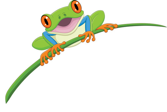 Cartoon happy frog on leaf