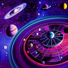 Roulette table as a galaxy out in space, planets orbit nearby and nebulae fill out the background