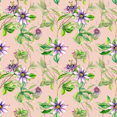 Passion flower plant watercolor seamless pattern isolated on pink