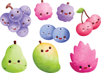 Watercolor illustration set of cute fruit character