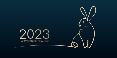 Happy Chinese New Year 2023, Year of the rabbit by brush stroke abstract paint continuous line gold gradient isolated on dark blue background.