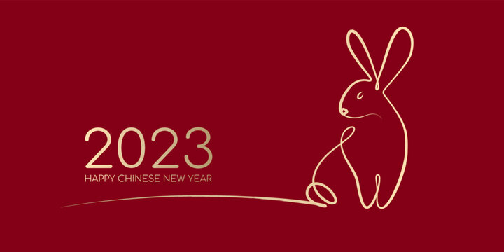 Happy Chinese New Year 2023, Year of the rabbit by brush stroke abstract paint continuous line gold gradient isolated on red background.