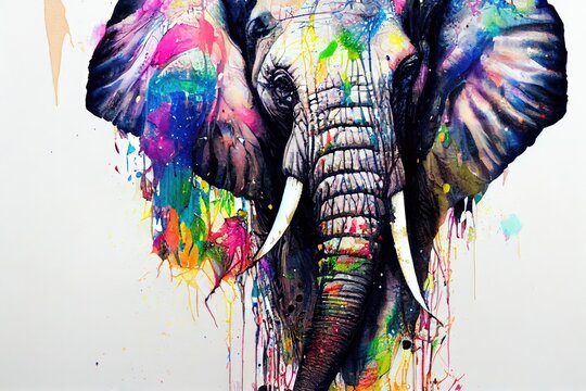 isolated elephant watercolour splashes with ink painting, llustration art