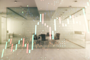 Double exposure of abstract creative financial chart hologram on modern corporate office background, research and strategy concept