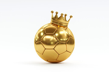 Gold soccer ball or football isolated on white 3d illustration background with sport winner world championship tournament and golden king crown competition trophy champion cup of victory honor prize.