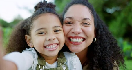 Family, selfie and mother with girl in a park, happy and relax while laughing, bond and having fun in nature or a garden. Love, portrait and face of child and parent smile for picture in forest - Powered by Adobe