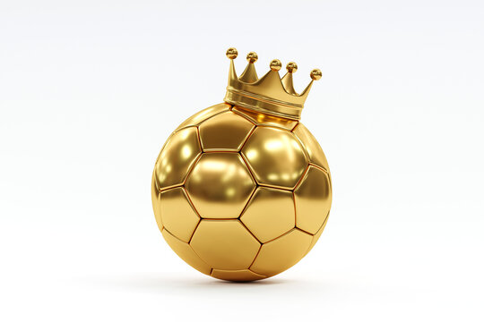 Gold Soccer Ball Or Football Isolated On White 3d Illustration Background With Sport Winner World Championship Tournament And Golden King Crown Competition Trophy Champion Cup Of Victory Honor Prize.