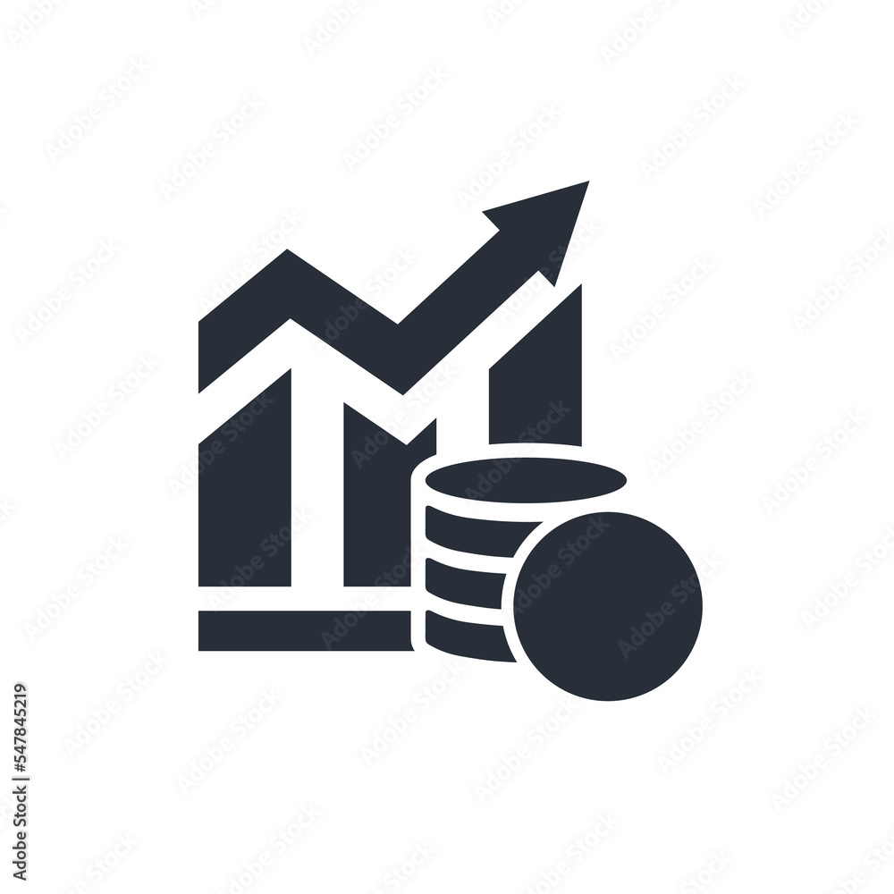 Poster coins and arrow graph up. financial efficiency. increasing profit. vector linear icon isolated on wh