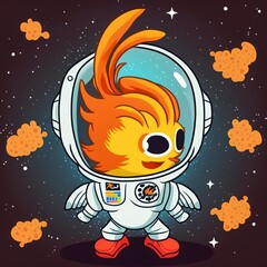 Cartoon Phoenix as an Astronaut Drawing Illustration for tshirt, clipart or sticker