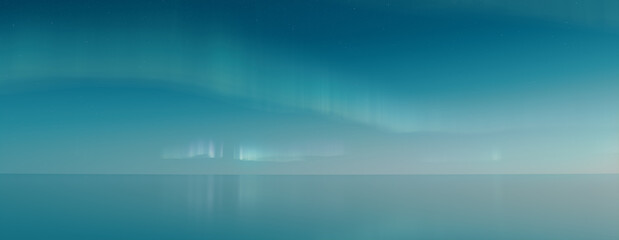 Aurora Lights reflected in Water. Blue Northern Lights Banner with copy-space.