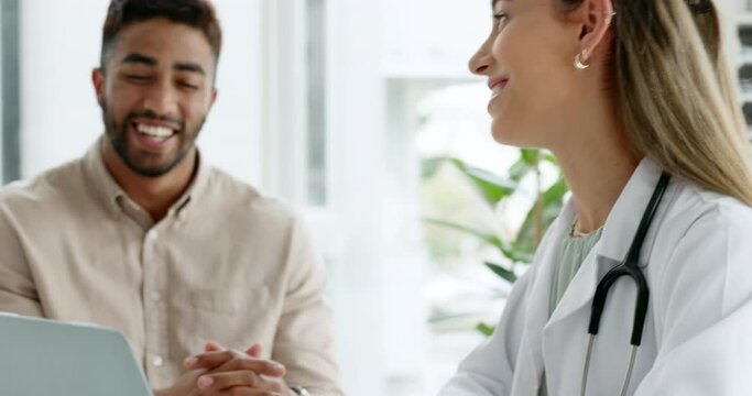 Comic, healthcare and doctor talking to a man about medical support, results and insurance on a laptop. Medicine, help and clinic employee in funny conversation with a patient during consultation