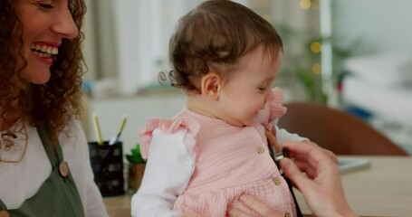 Healthcare, clinic and doctor with mom and baby using stethoscope in appointment, check up and exam. Medical care, family and pediatrician working with laughing, happy and smiling girl and mother