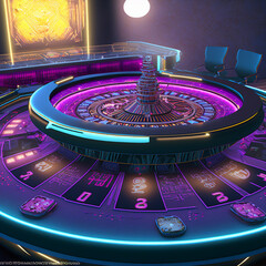 Futuristic casino with croupier tables, roulette wheels, card dispensers and poker chips.