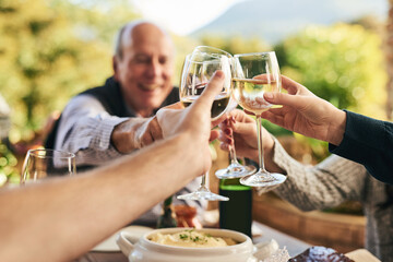Friends, wine and toast on a patio with happy, cheerful and people celebrating and sharing a meal outdoors. Family, hands and cheers in celebration of holiday, traditional and happy family gathering
