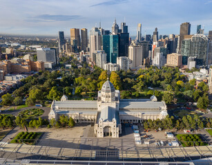 Aerial panoramic views of the beautiful Melbourne Exhibition building in Carlton, with the cbd in...