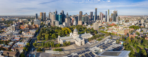 Aerial panoramic views of the beautiful Melbourne Exhibition building in Carlton, with the cbd in...