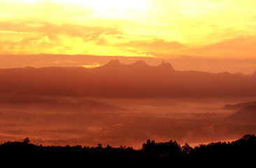 Landscape with sunrise in a village in Pacitan near the south coast of Java Island, Indonesia