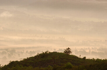Landscape with sunrise in a village in Pacitan near the south coast of Java Island, Indonesia