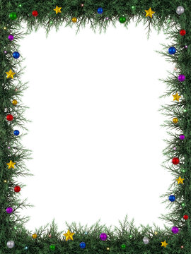 Christmas vertical frame decorated with colorful balls and glowing lights. Realistic rendering.