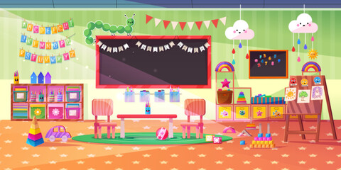 Montessori kindergarten playroom with table, chairs, blackboard and toys. Empty nursery room interior in kids daycare center with wooden furniture and toys, vector cartoon illustration