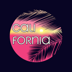 California typography for t-shirt print with palm tree silhouette on sunset background.Summer tropical poster.
