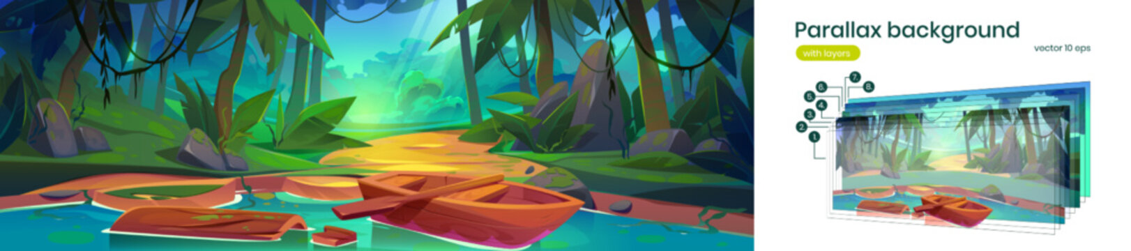 Tropical forest panorama, parallax background. Cartoon vector illustration of summer landscape with sun beams penetrating thick jungle wood with green palm trees, lianas, stones, wooden boat on river