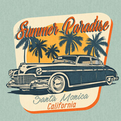 Summer Paradise California vintage poster. Retro car on the beach.