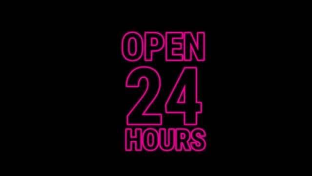 Open 24 Hours Neon Light on black background. 24 Hours Night Club Bar Blinking Neon Sign. Motion Animation. Video available in 4K FullHD and HD render footage