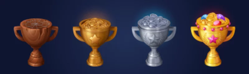 Fotobehang Rank trophies, gold, silver, bronze and wooden cups with money and gems. Winners awards for different place in game. Empty wooden cup and metal goblets with coins and gemstones, vector cartoon set © klyaksun