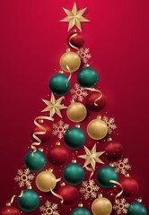 Christmas tree made of red, green, golden balls, snowflakes, serpentine and stars. New year greetings and Xmas elements and symbols formed in abstract tree shape.