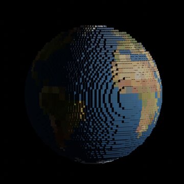 3D render of Earth made of toy blocks in space with partial illumination from the sun