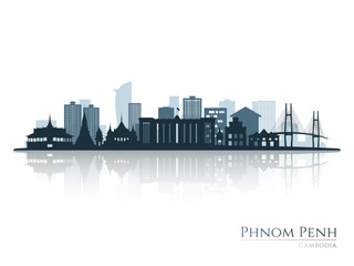 Phnom penh skyline silhouette with reflection. Landscape Phnom penh, Cambodia. Vector illustration.
