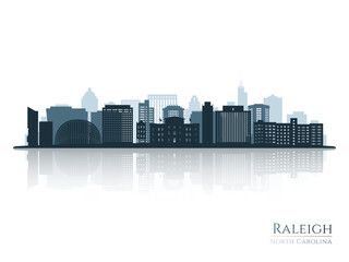 Raleigh skyline silhouette with reflection. Landscape Raleigh, North Carolina. Vector illustration.