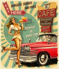 Vintage-Poster mit Kellnerin auf Rollschuhen und Retro-Auto. Diner-Kellnerin im Stil der 1950er Jahre. © Марина Ахадова