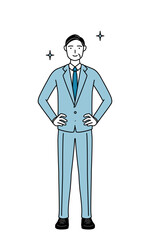 両手を腰に当てたシニアビジネスマン、経営者・管理職・社長のシンプルな線画イラスト