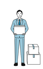 段ボールを持つシニアビジネスマン、経営者・管理職・社長のシンプルな線画イラスト